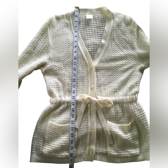 Vintage Belted Cardigan Womens 70s Cream Knit Sweater Tie Button Up Pockets M - Picture 4 of 9
